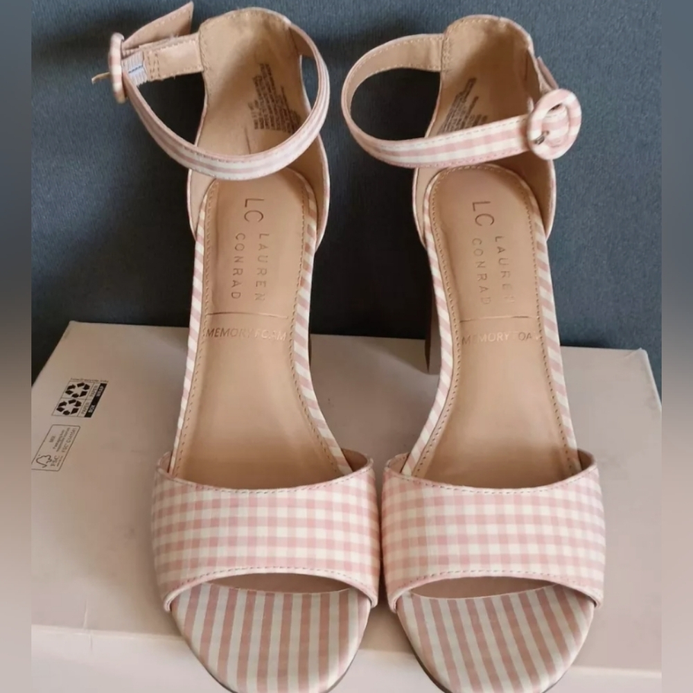 LC Lauren Conrad Pink Gingham Ankle-Strap Heels